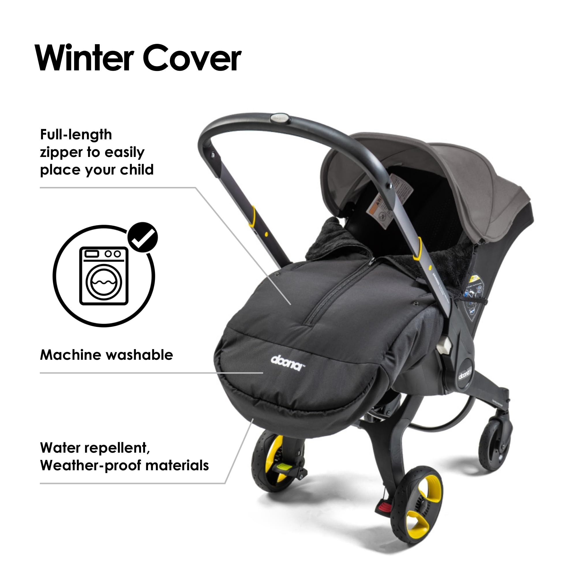 Doona Winter Cover mounted on stroller demonstrates cozy cold-weather protection.