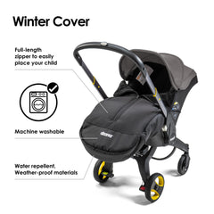 Doona Winter Cover mounted on stroller demonstrates cozy cold-weather protection.