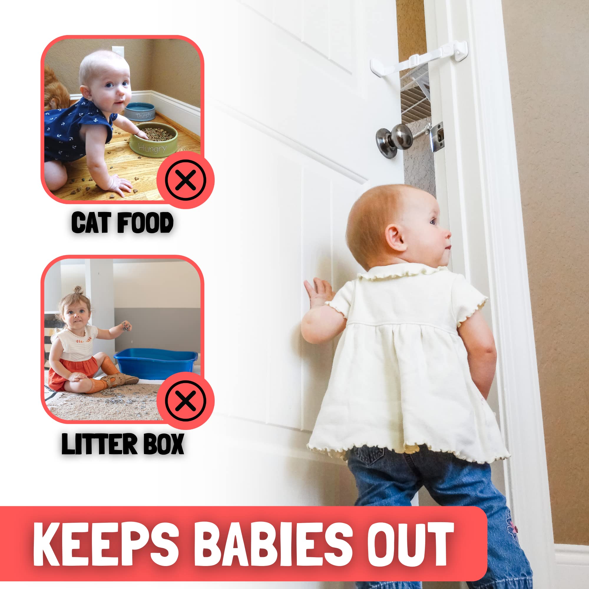 Door Buddy adjustable strap close-up shows latch flexibility for cat-safe room access.