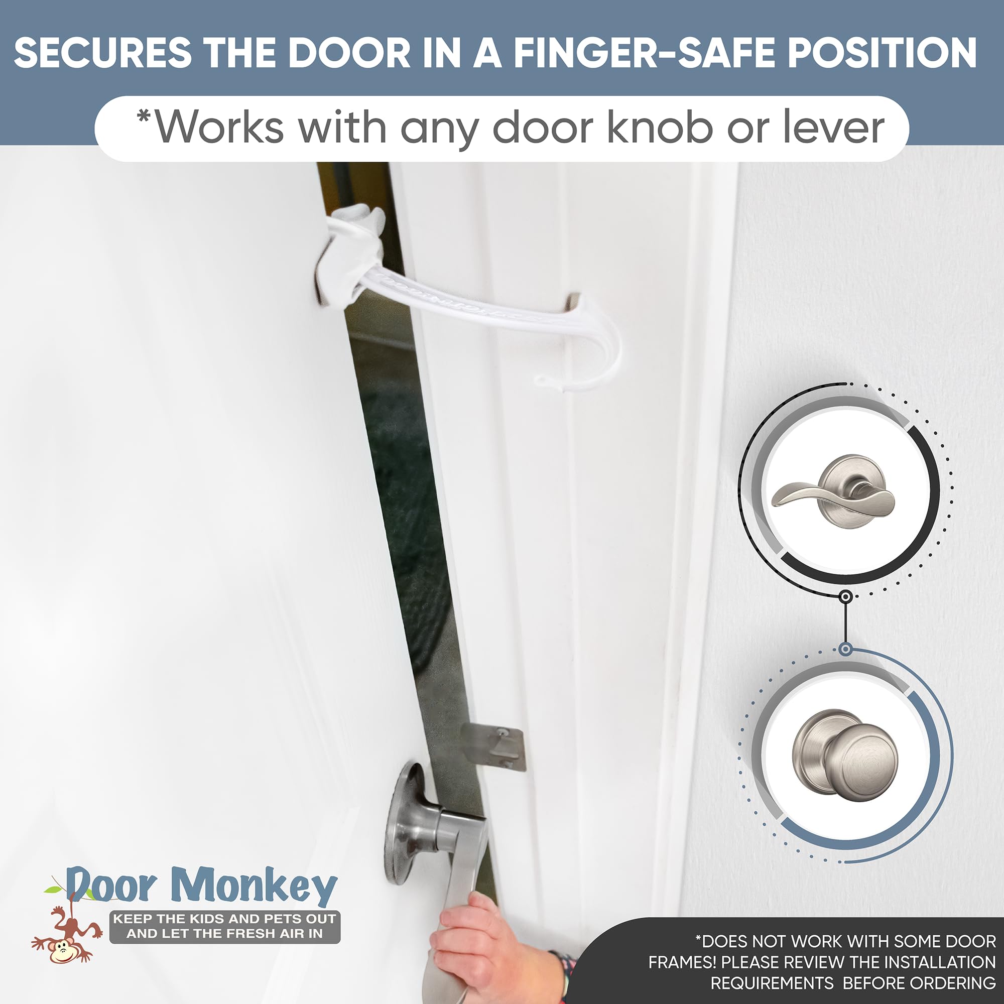 Door Monkey pinch-guard function demonstrates safe partial crack to reduce finger injuries