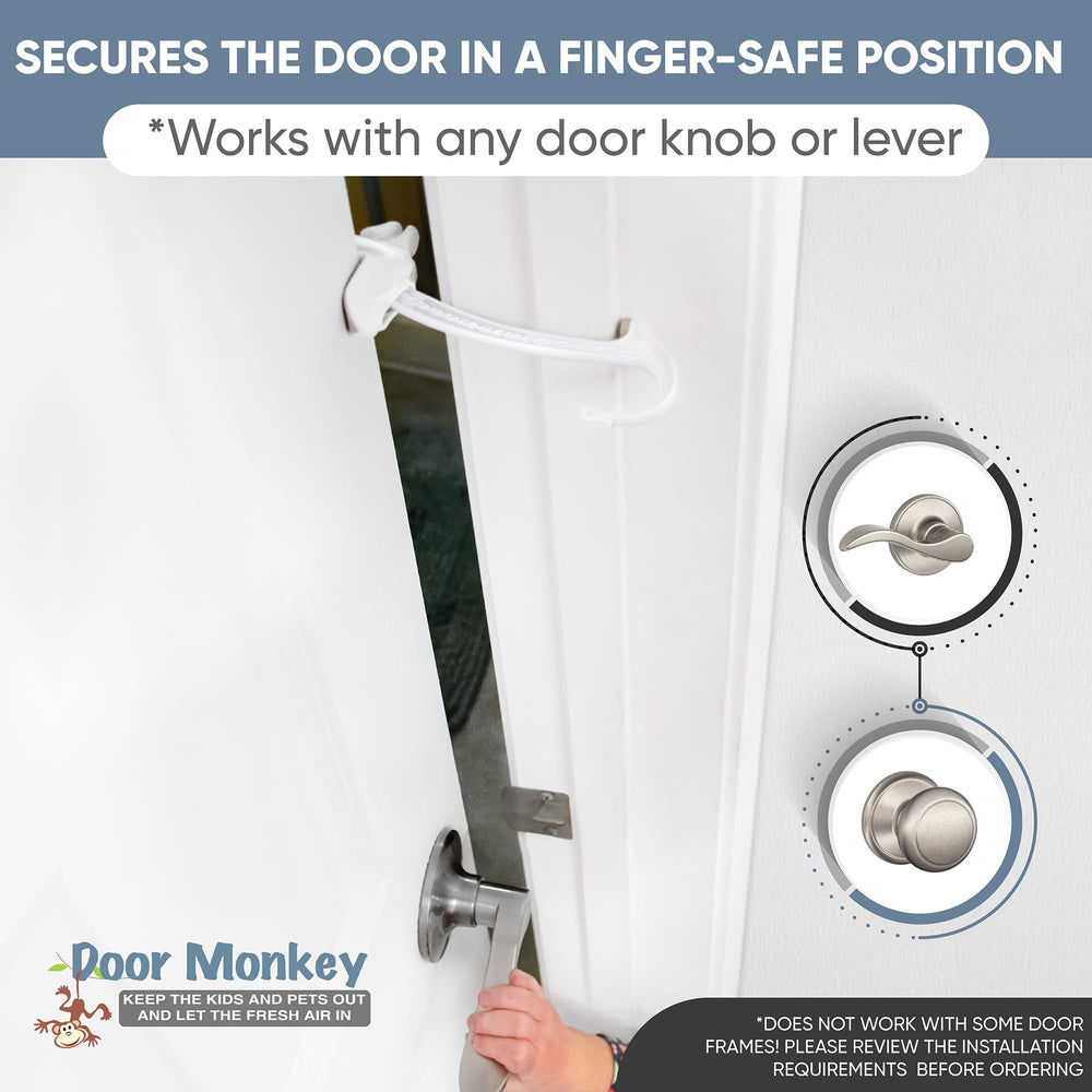 Door Monkey pinch-guard function demonstrates safe partial crack to reduce finger injuries