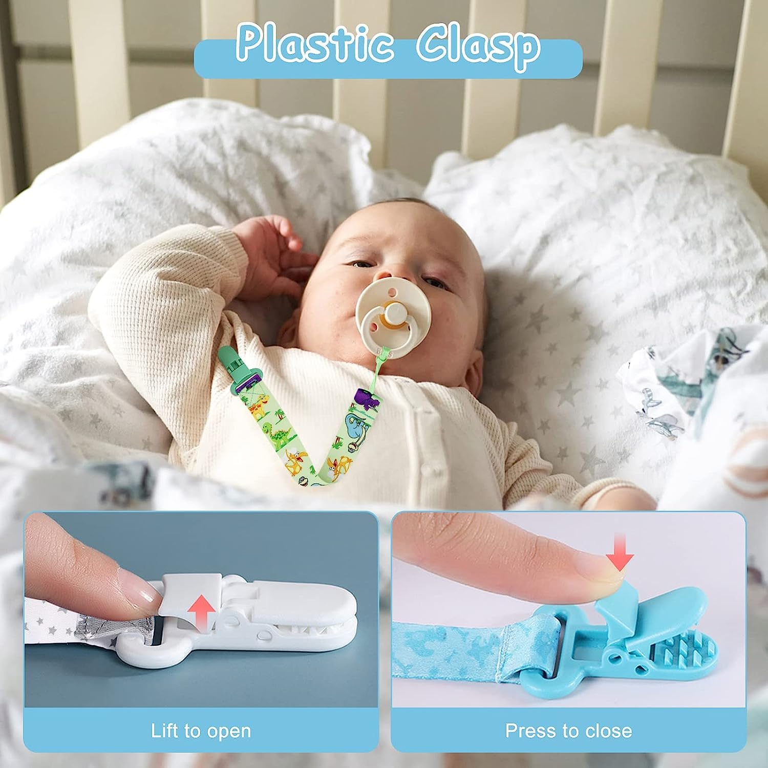 Dooyilets baby-clothes-dummy-clip secures pacifier on outfits.