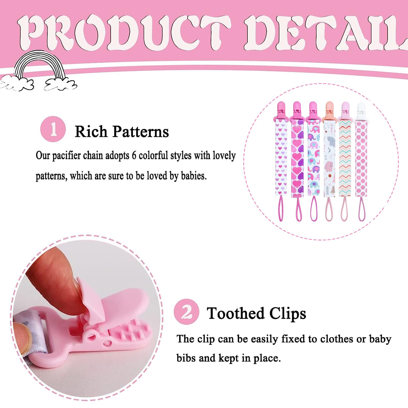 Dooyilets pacifier clip floral design adds style while preventing drops.