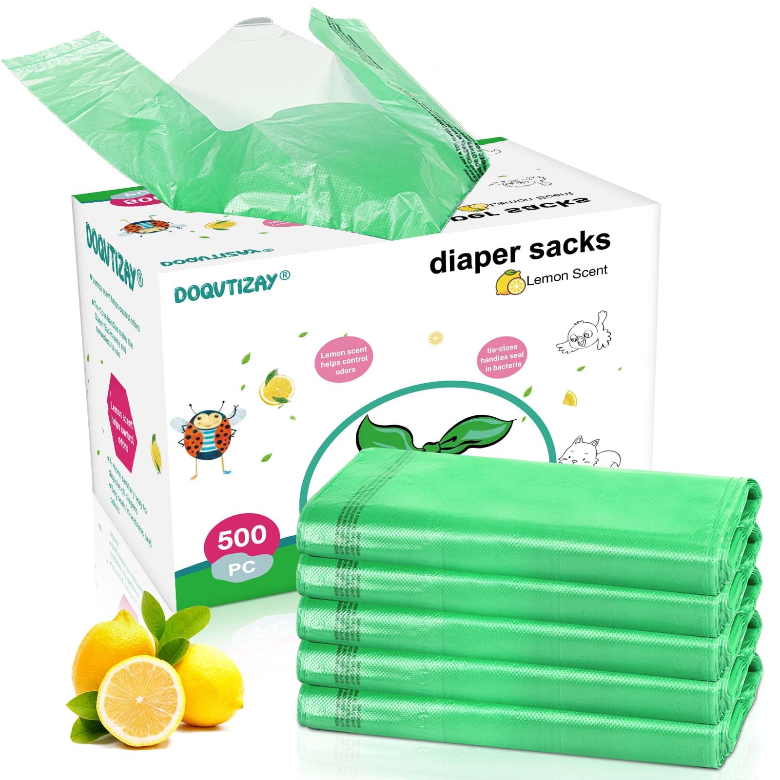 DOQVTIZAY diaper bags packaging shows 500-count supply for busy families