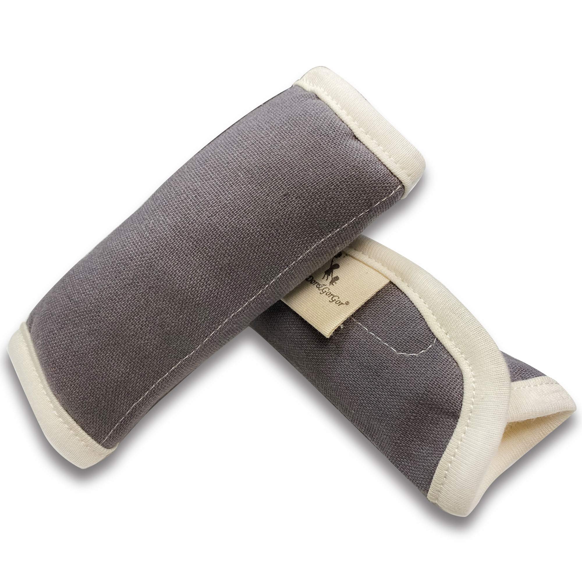 DorDor & GorGor organic baby seat belt cushion gray front view offers plush comfort.