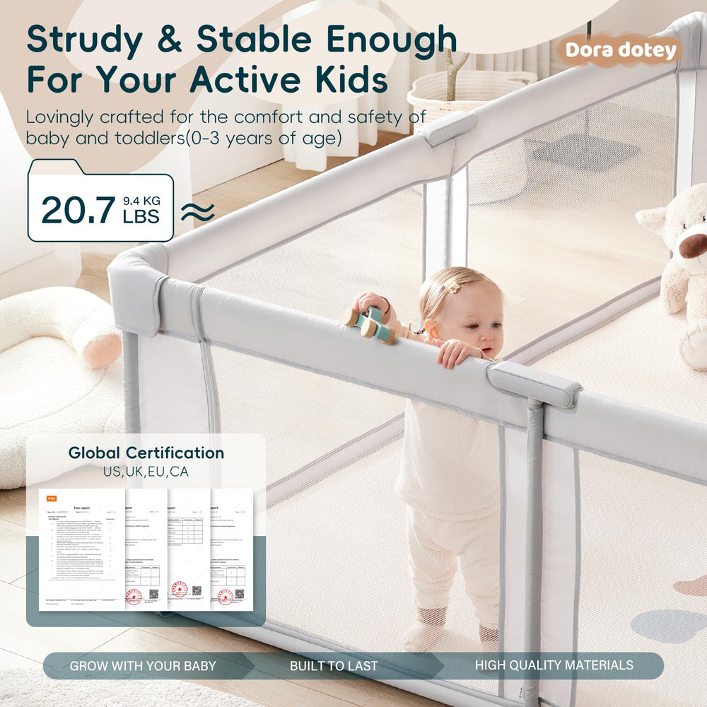 Dora dotey playpen includes carry bag for storage and travel.