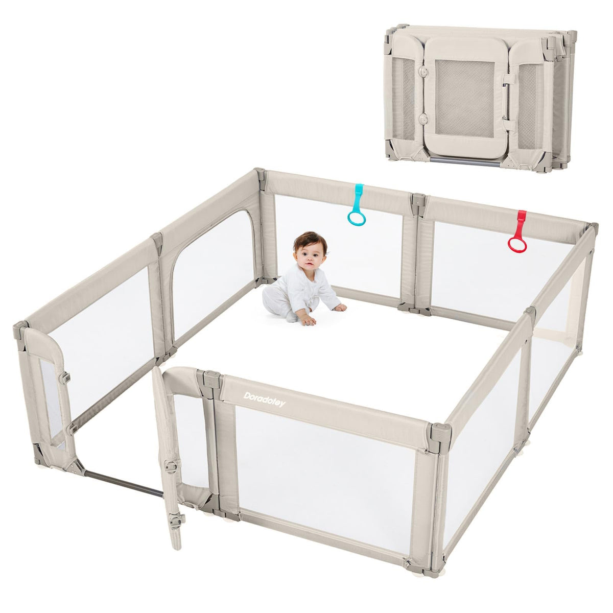 Dora dotey baby playpen door enables easy caregiver access for safe, supervised play.