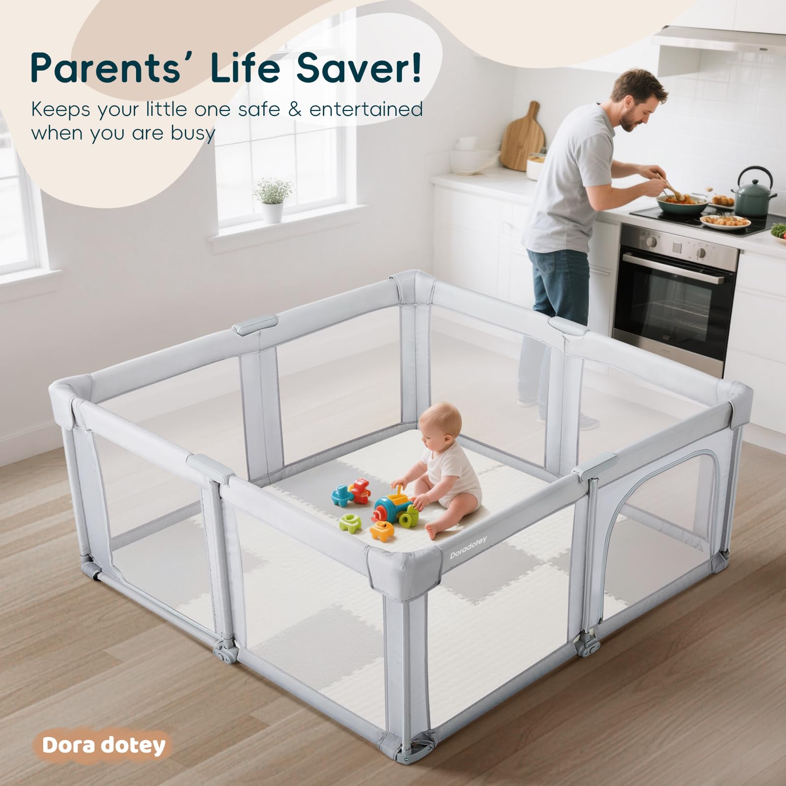 Dora dotey playpen double-locking gate for easy access and security.