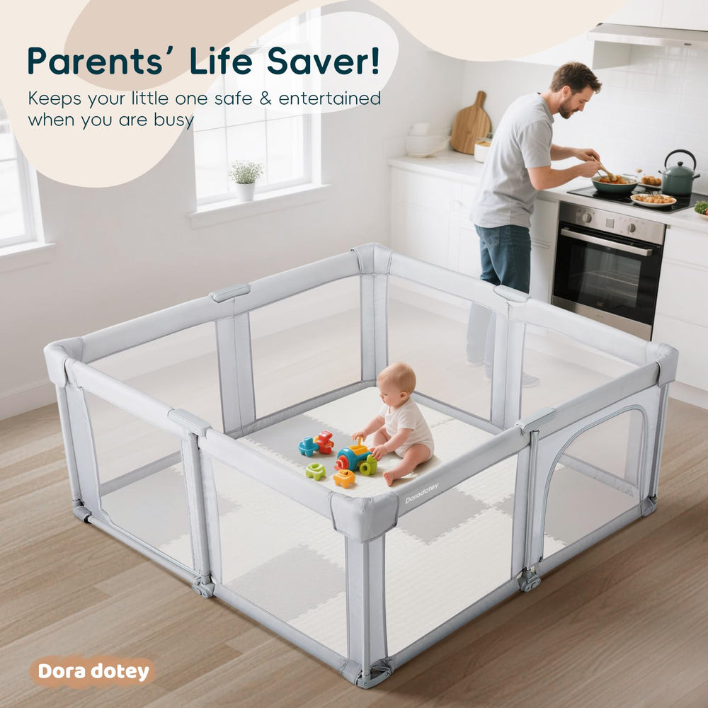 Dora dotey playpen double-locking gate for easy access and security.