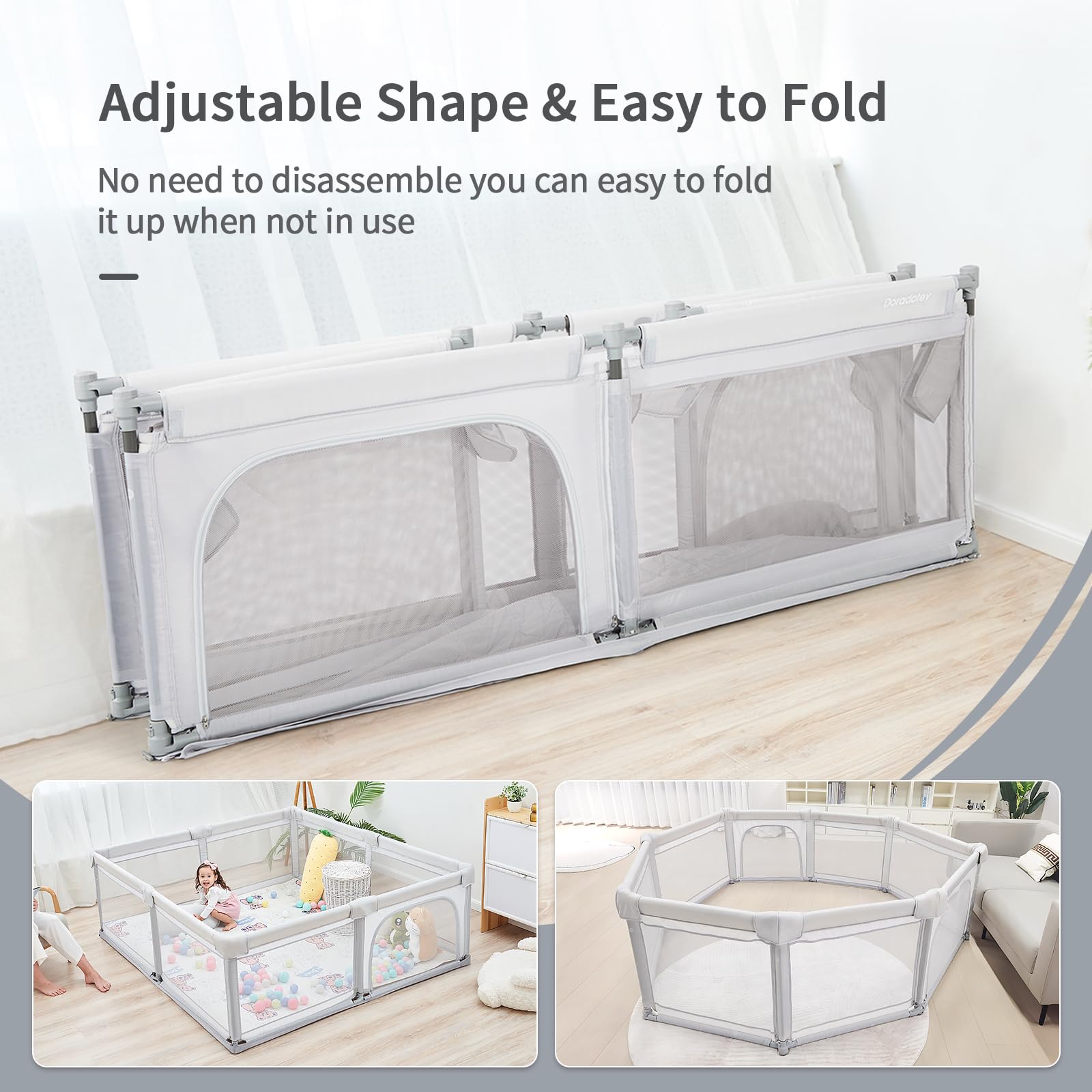 Dora dotey playpen-adjustable-shape demonstrates flexible layout for tight spaces