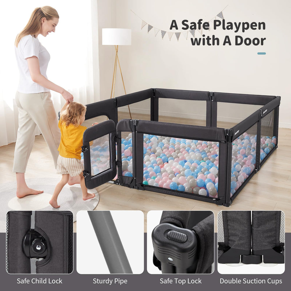 Dora Dotey playpen shows size 71-79-27in for flexible space