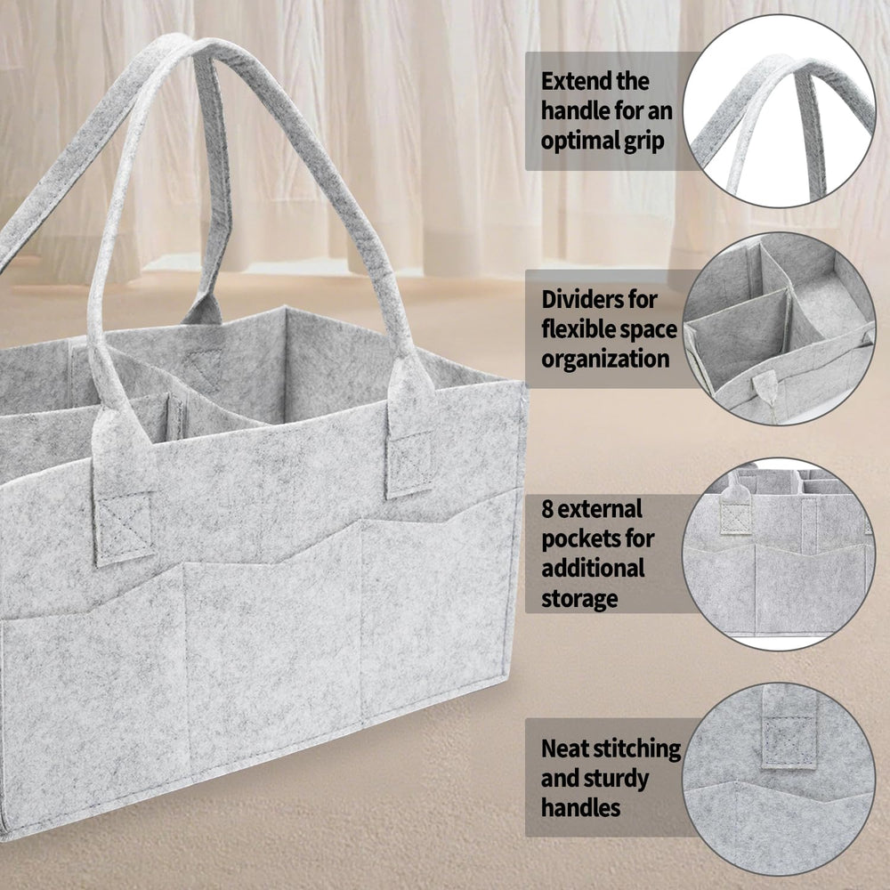 Ｄｏｒｃｙ diaper organizer gray with sturdy travel-ready handles.