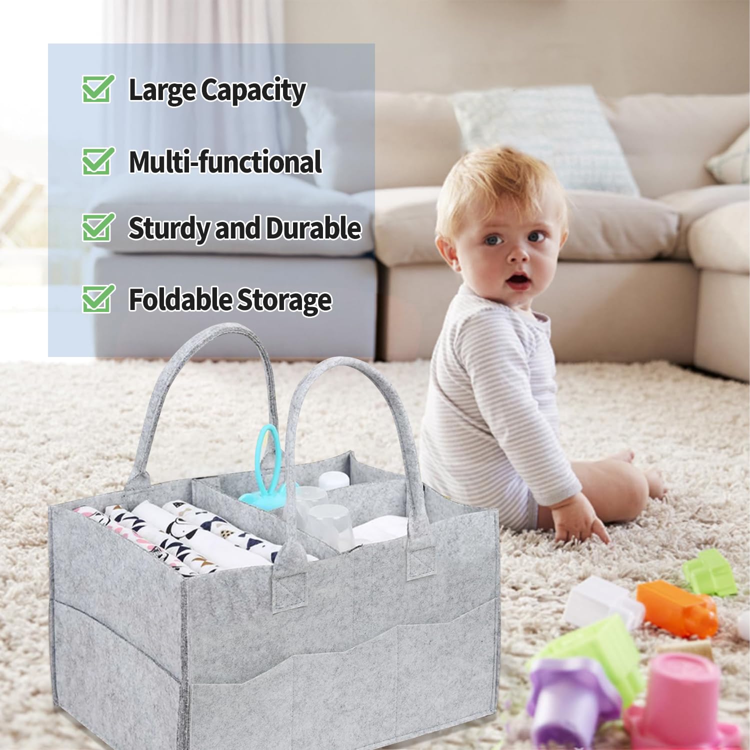 Ｄｏｒｃｙ diaper storage gray with external pockets for creams and wipes.