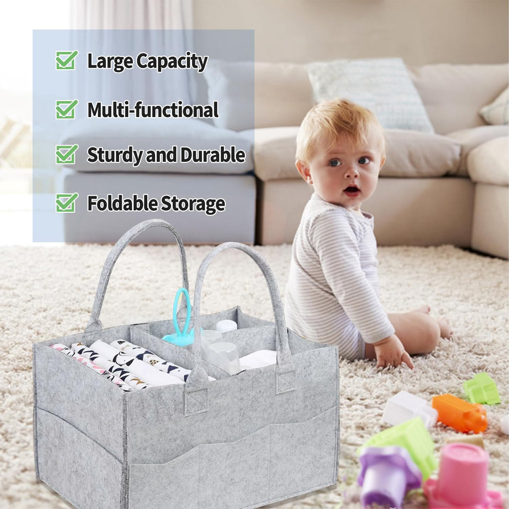 Ｄｏｒｃｙ diaper storage gray with external pockets for creams and wipes.