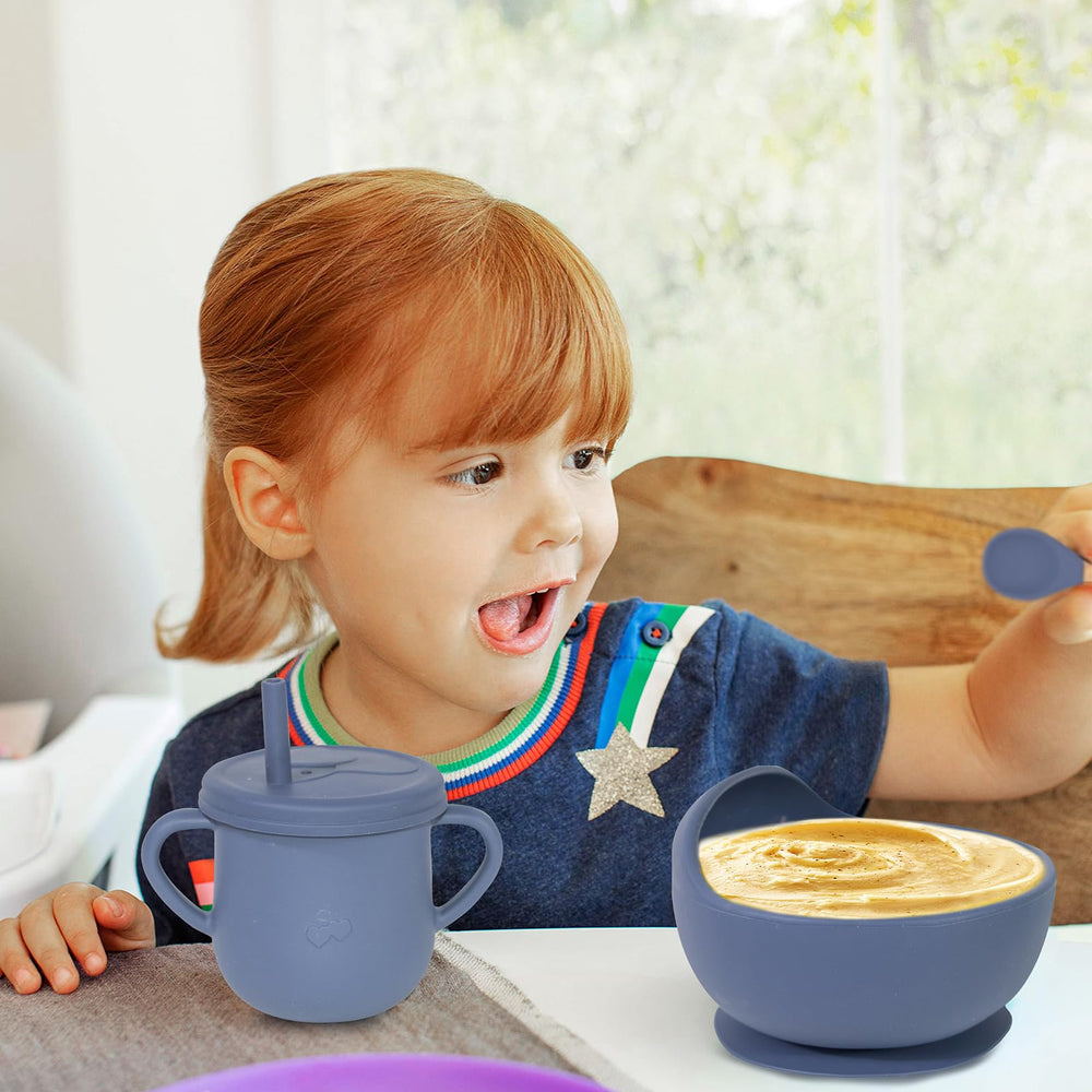 Dormlony navy blue silicone feeding set ready for family meals on the go.