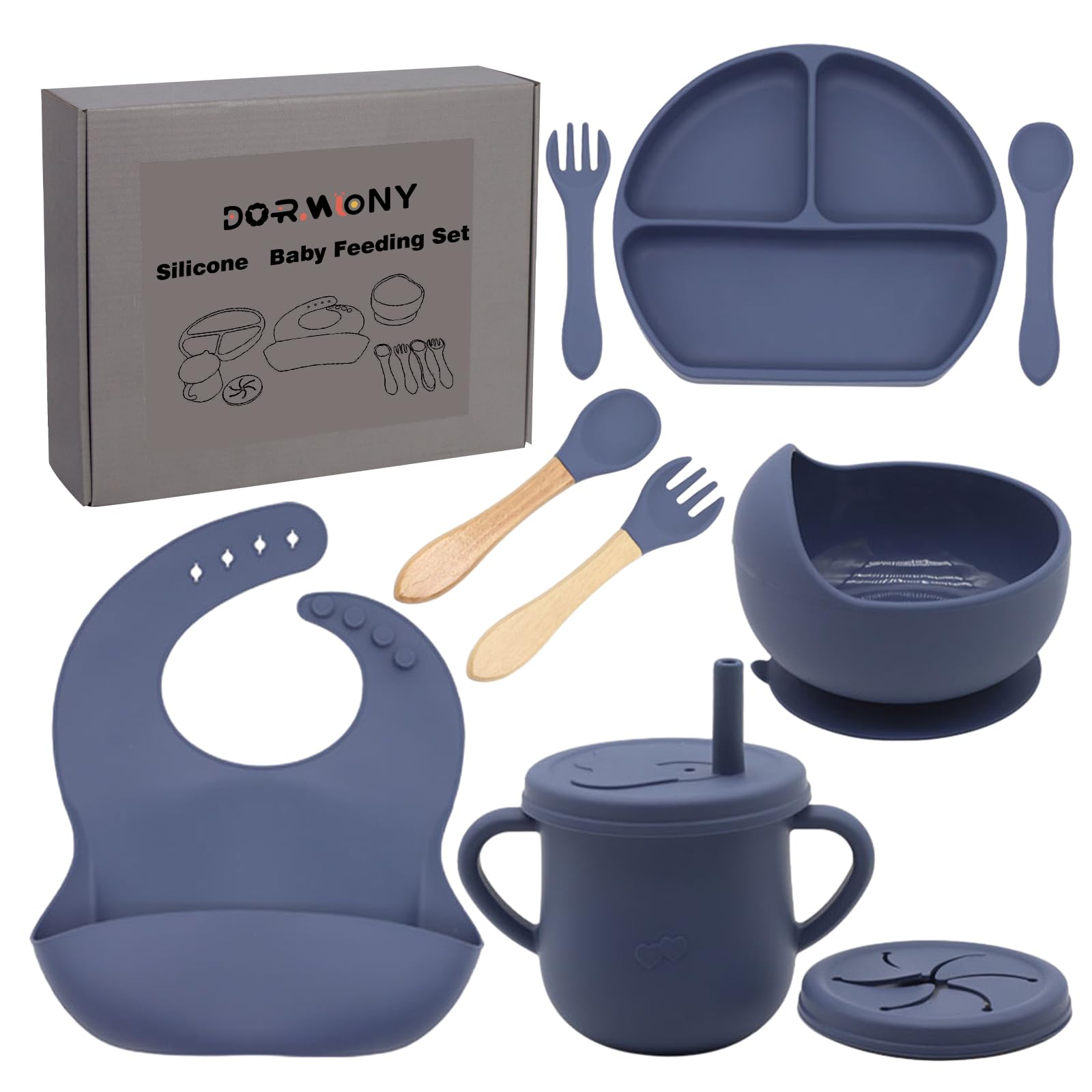 Dormlony baby feeding set suction plate enables mess-free meals on trays.