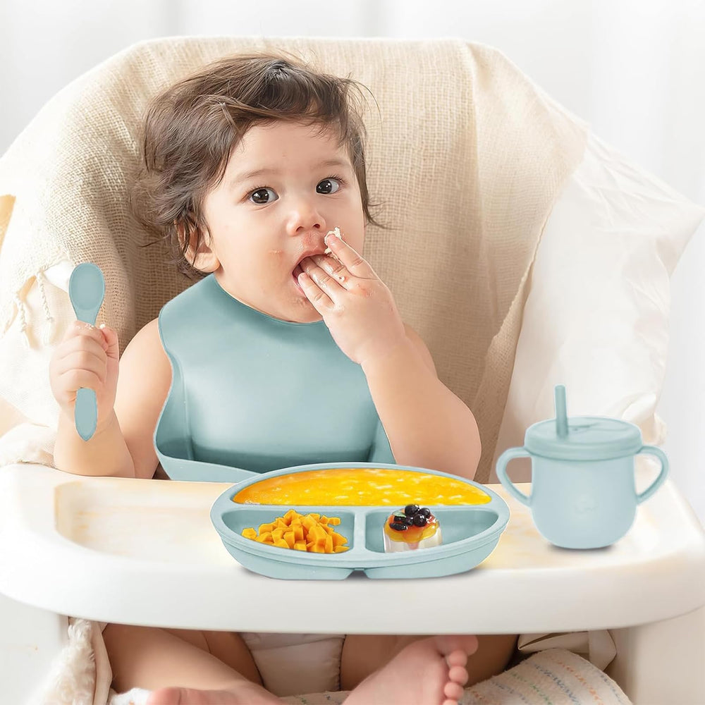 Dormlony suction plate on high-chair tray prevents spills during meals
