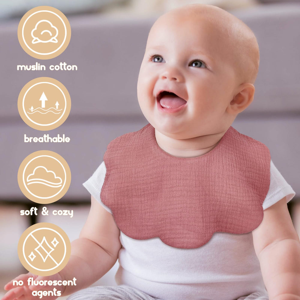 DOSMINE Baby Bibs Muslin Pack worn with outfits helps keep clothes clean during teething.