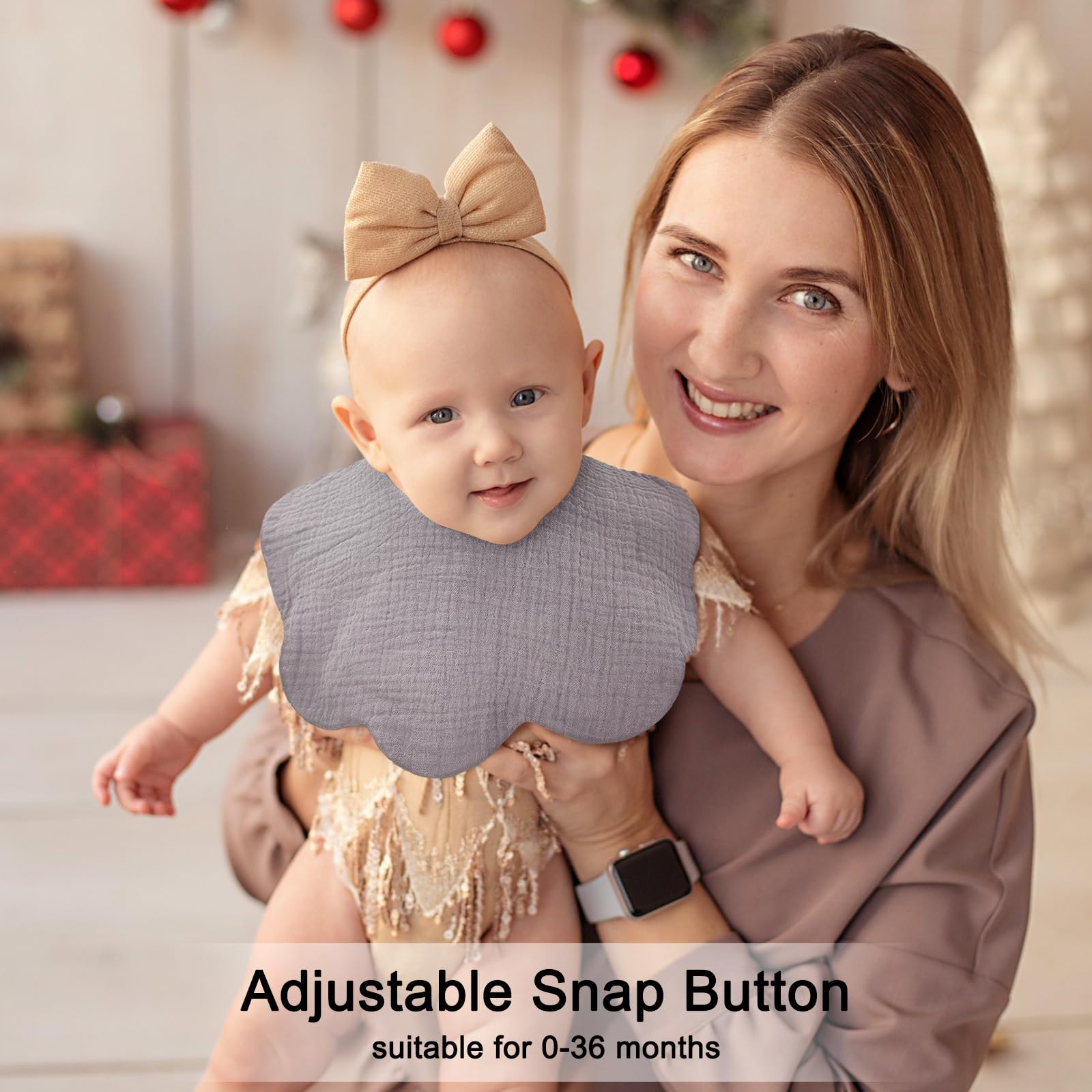 DOSMINE Bibs blue snaps closeup shows adjustable neck fit for growing babies.