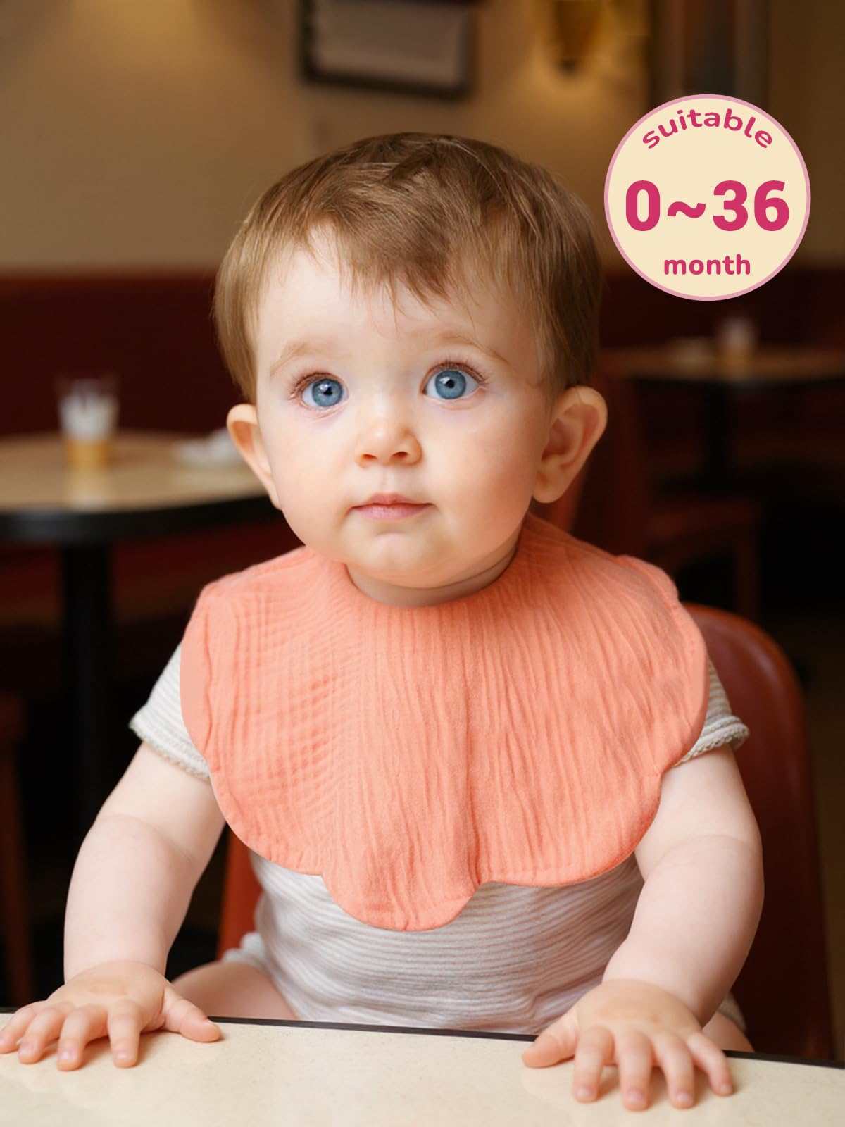 Dosmine bibs demonstrate adjustable snaps for comfortable neck fitting from newborn to 36 months.