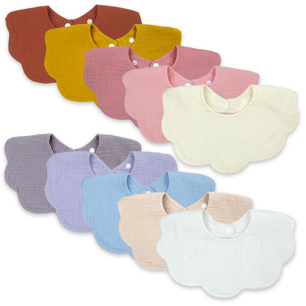 DOSMINE Baby Bibs Muslin Pack flatlay shows multicolor designs for teething drool days.