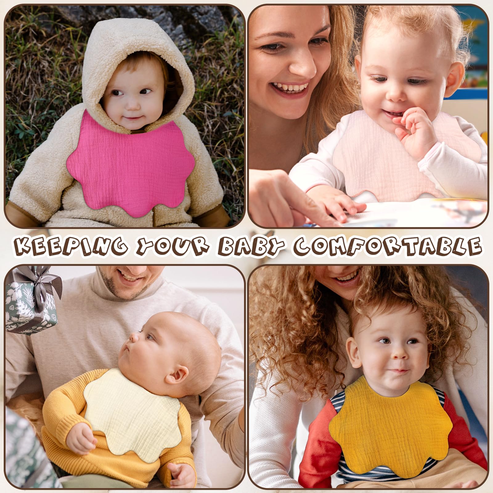 DOSMINE Muslin Baby Bibs on baby wearing shows versatile unisex colorways