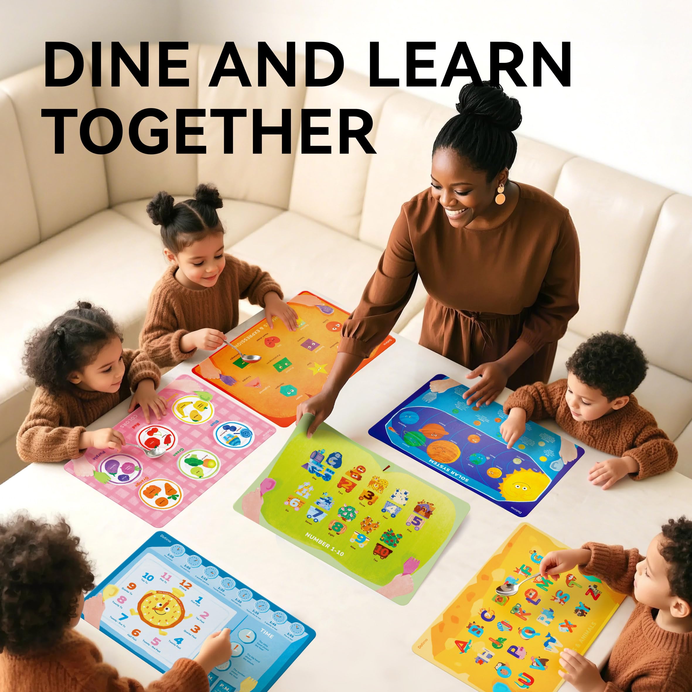 Dotimo Kids placemats clock-time features help little ones tell time patterns.