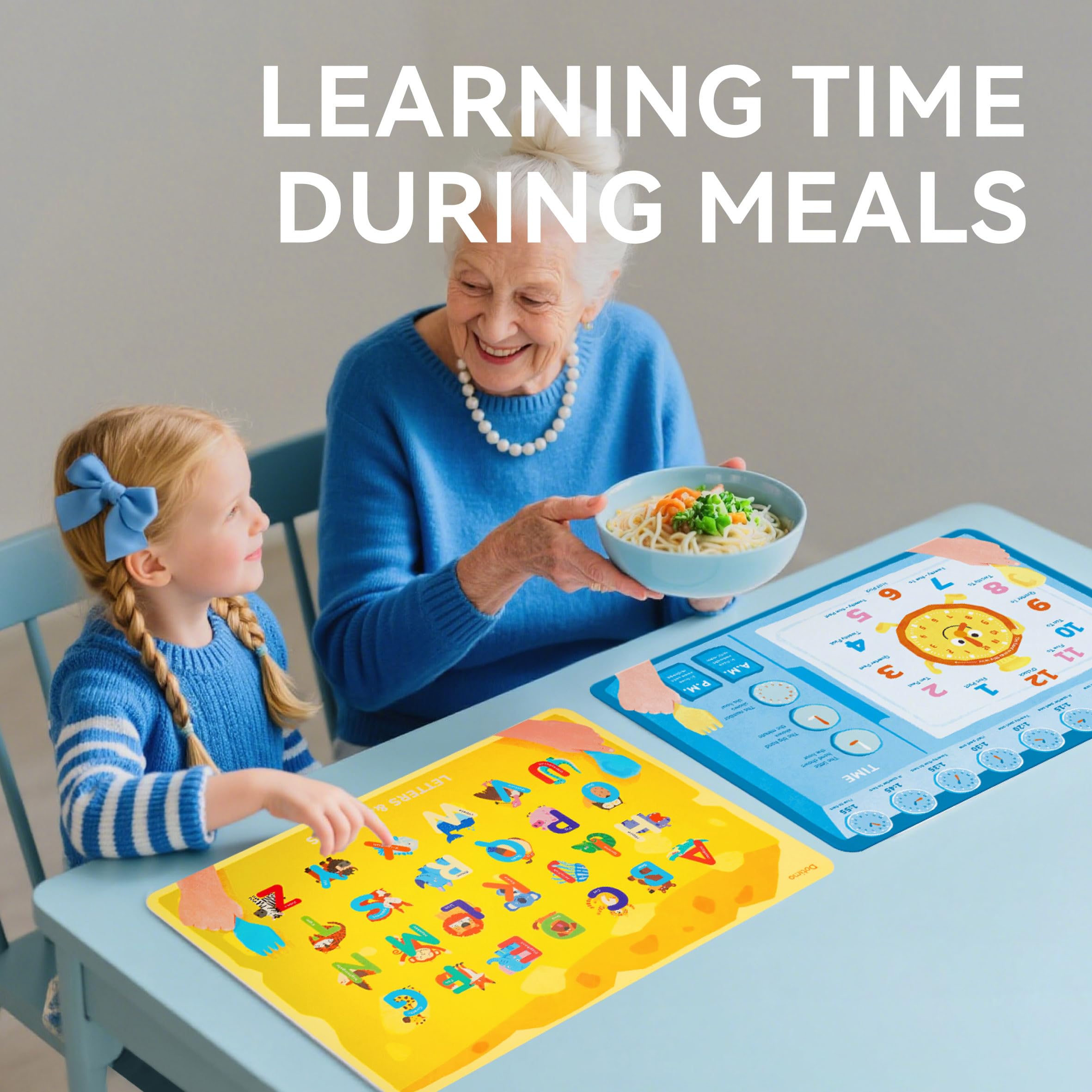 Dotimo Kids placemats color recognition with foods enhances sensory learning at mealtime.