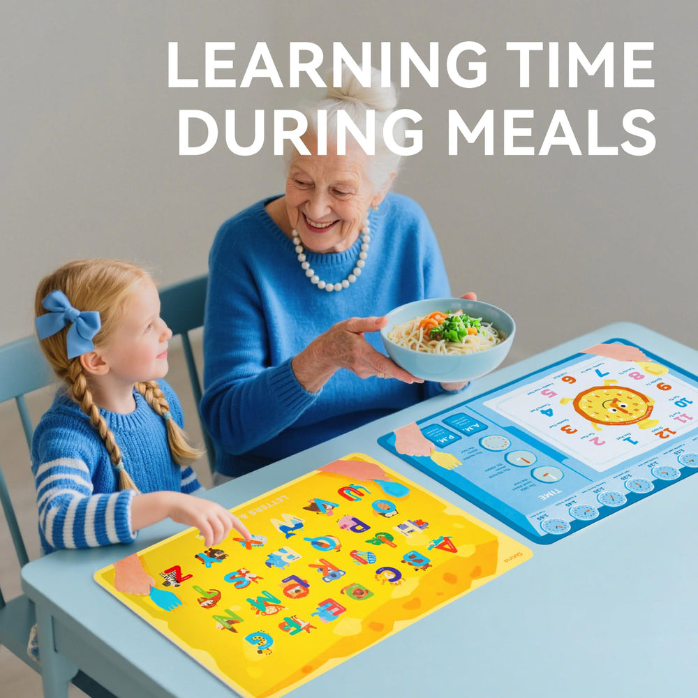 Dotimo Kids placemats color recognition with foods enhances sensory learning at mealtime.