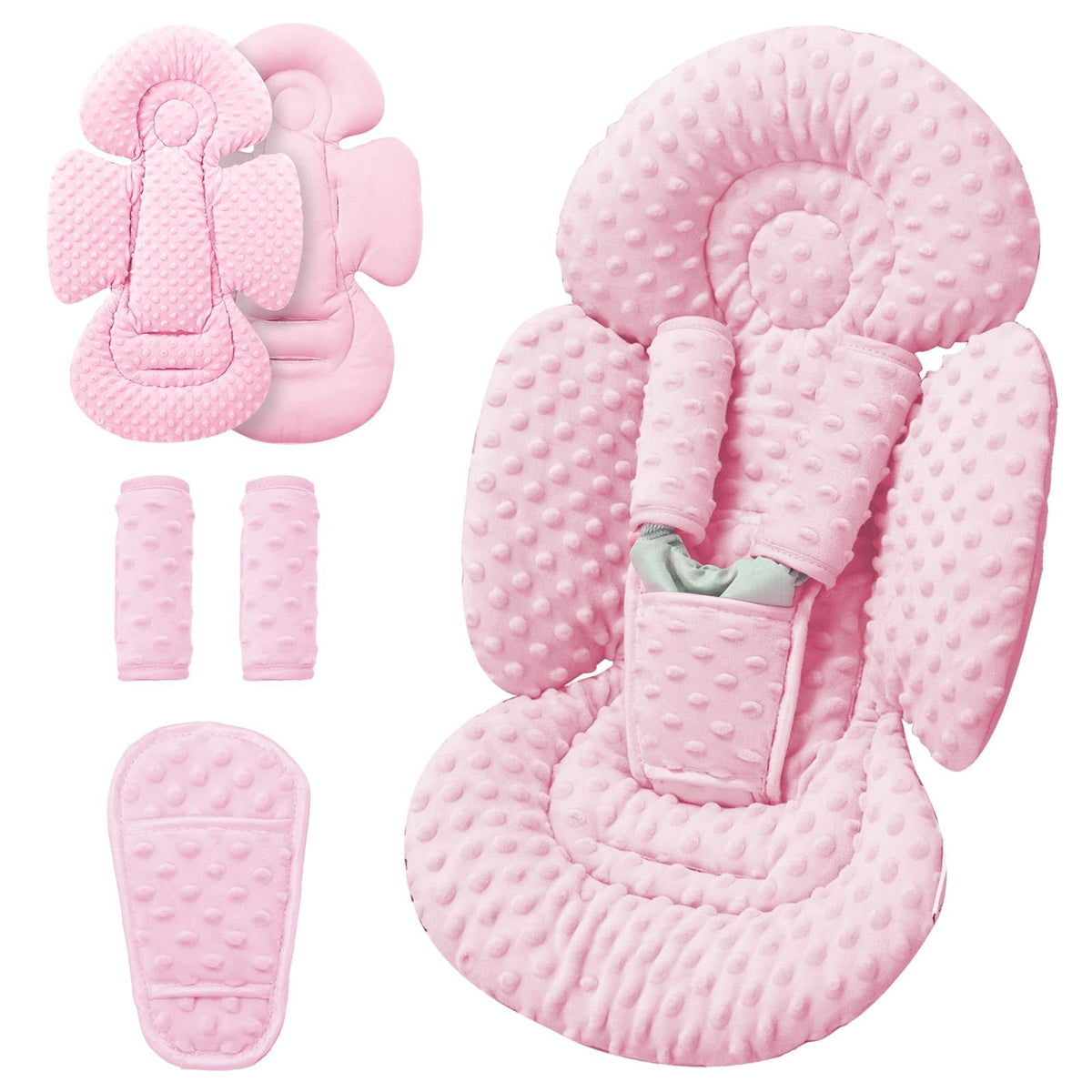 Dots Pink infant insert head support helps keep tiny heads aligned during swings