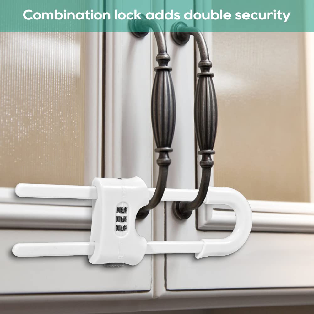 The 4-pack u-shaped sliding cabinet locks feature a double-lock button design for secure operation.