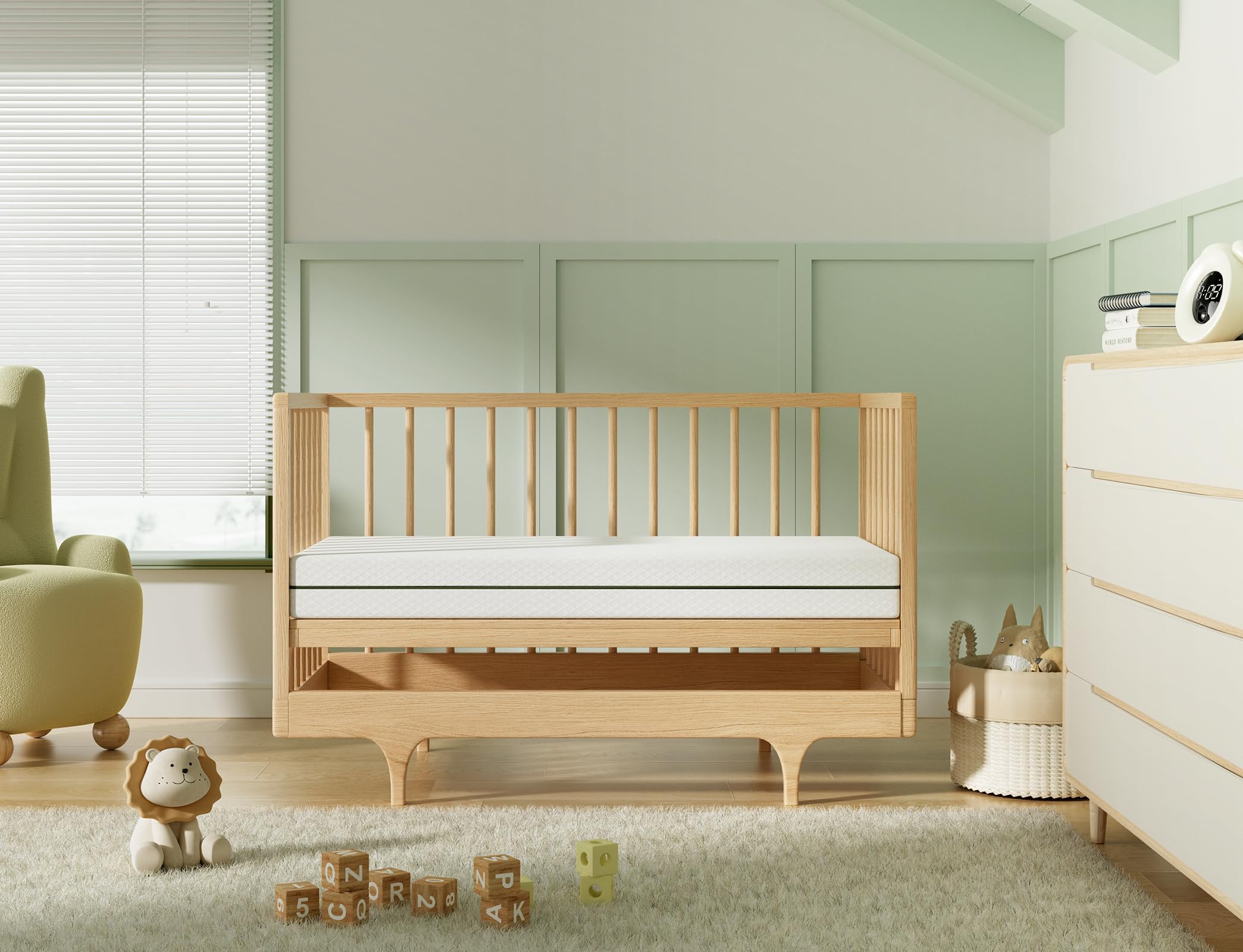 Dourxi crib mattress unrolled in room shows expansion readiness.
