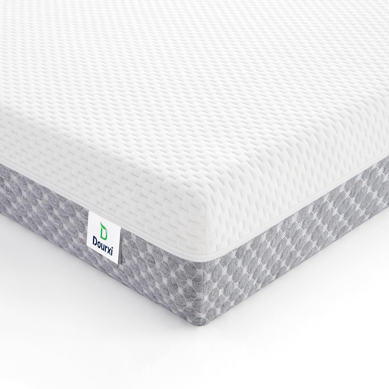 Dourxi mini crib mattress top view highlighting compact fit for portable cribs.