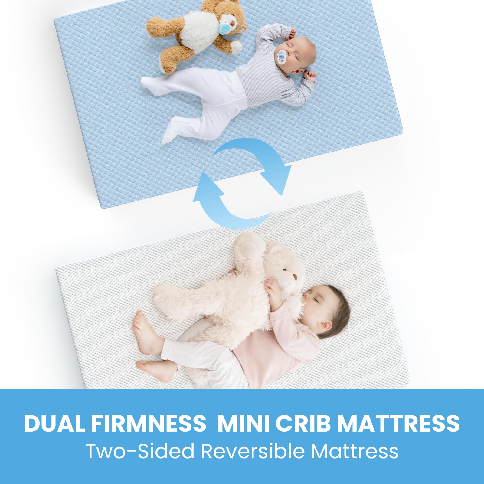 Dourxi Mini Crib Mattress dual-color indicator shows infant and toddler sides.