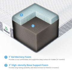 Dourxi mini crib mattress removable cover demonstrates easy machine-washable cleaning.