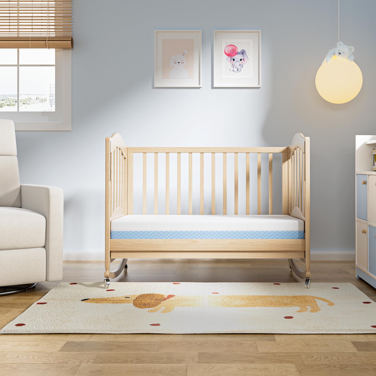 Dourxi Mini Crib Mattress unrolled on crib for quick expansion.