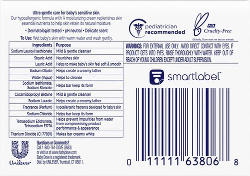 Dove Baby Bar Rich Moisture lather in hand demonstrates soft, mild cleansing ideal for delicate skin