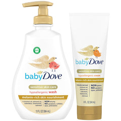 Dove Baby Body Wash pour bottle for gentle cleansing of newborn melanin-rich skin.