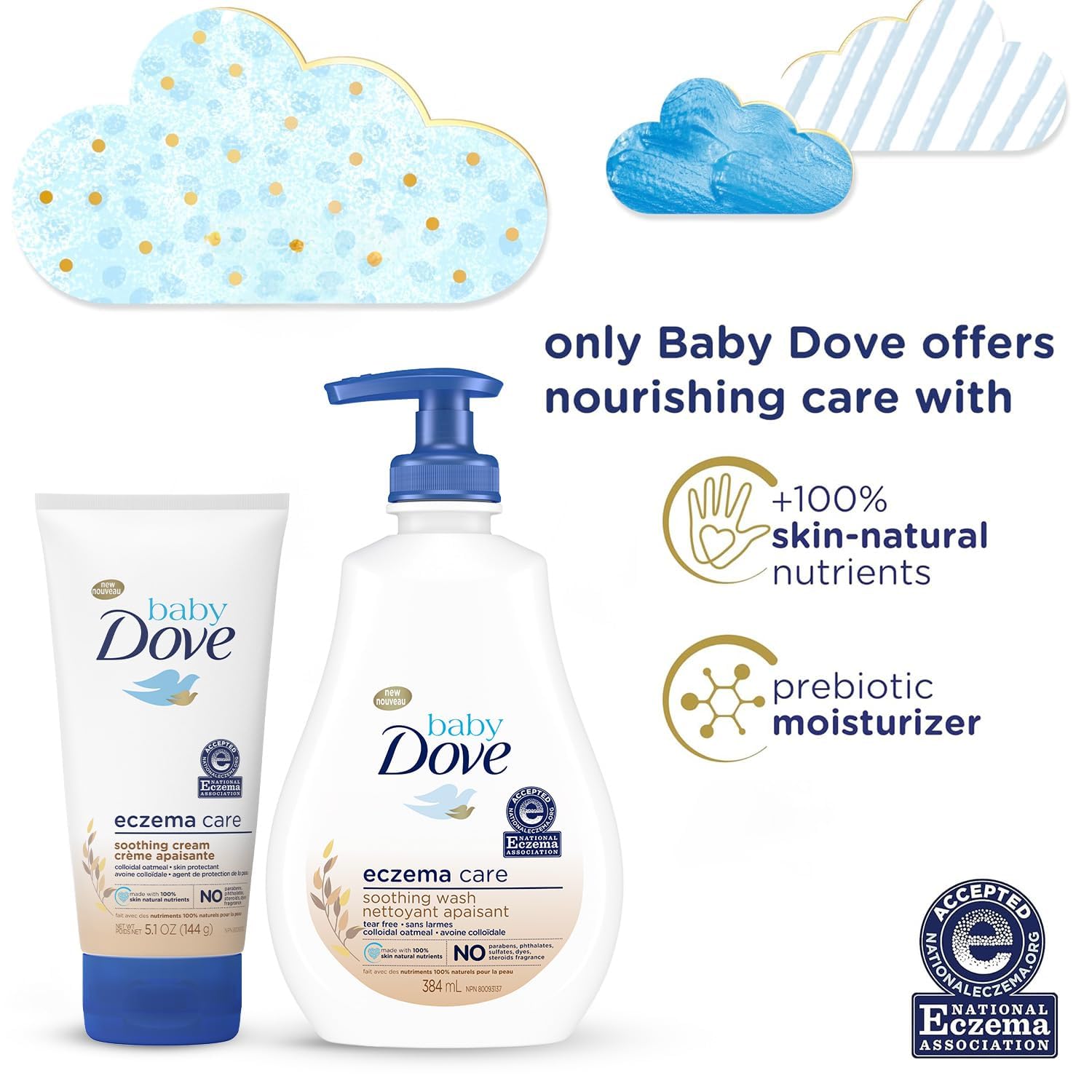 Dove Baby Eczema Care Soothing Cream tube offers fragrance-free moisture and barrier support.