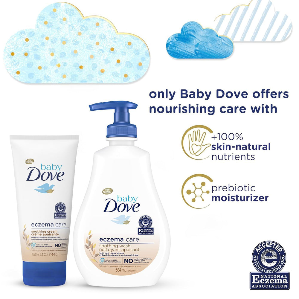 Dove Baby Eczema Care Soothing Cream tube offers fragrance-free moisture and barrier support.