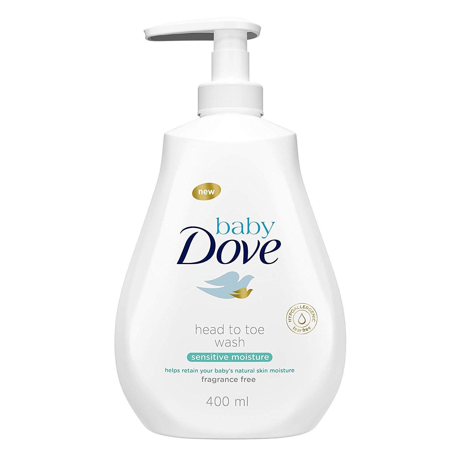 Dove Baby Head to Toe Wash closeup shows tear-free formula for newborn routines