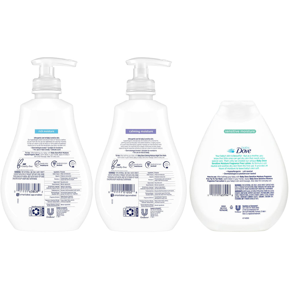 Dove Baby Lotion closeup emphasizes hypoallergenic formula for sensitive skin care