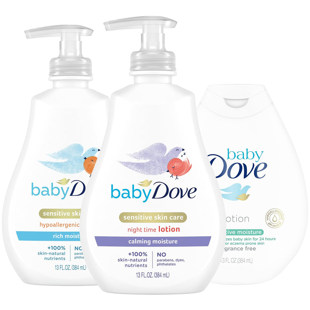 Dove Baby Lotion packaging display highlighting a gentle hypoallergenic care set for newborns