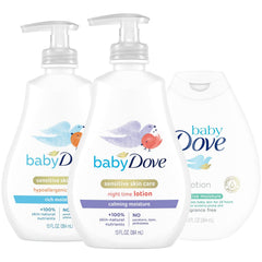 Dove Baby Lotion packaging display highlighting a gentle hypoallergenic care set for newborns