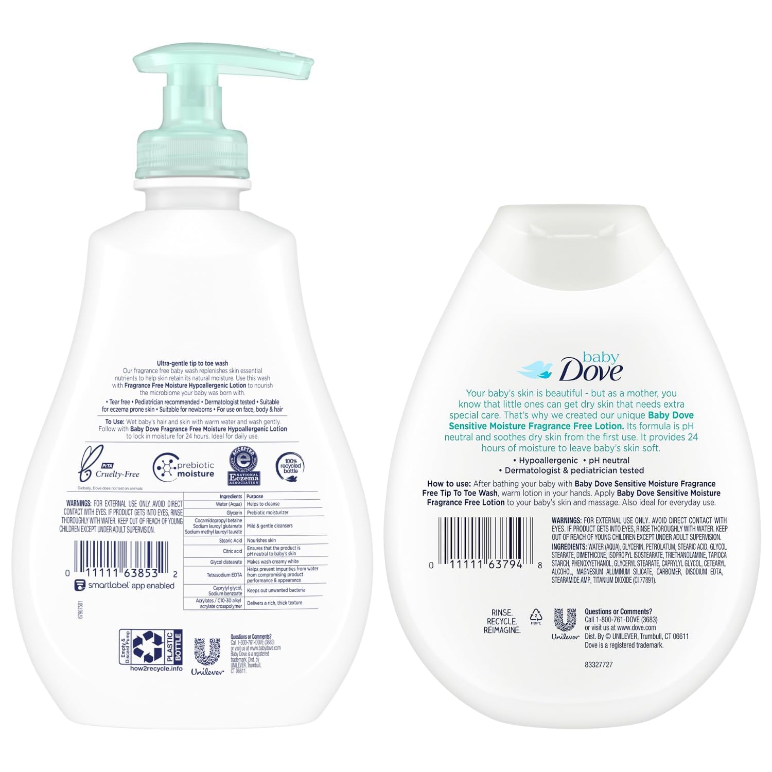 Dove Baby Sensitive Lotion bottle—hypoallergenic fragrance-free moisture for daily comfort.
