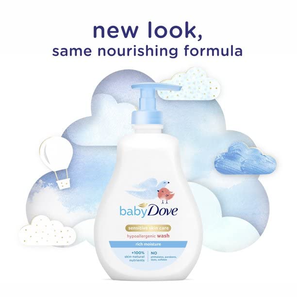 Dove Baby Tear Free Shampoo bath time scene promotes soft, moisturized baby hair.