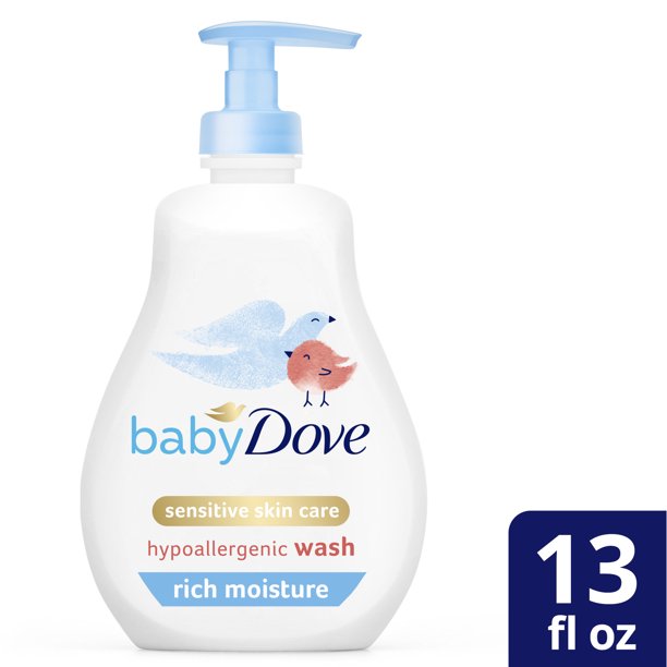 Dove Baby Tear Free Shampoo bottle with cap demonstrates easy bath-time routine.