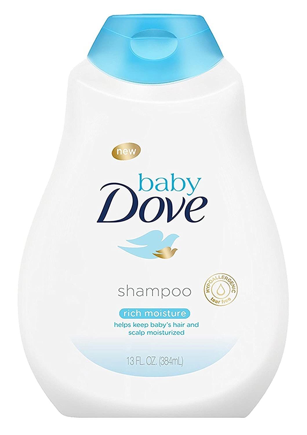 Dove Baby Tear Free Shampoo bottle close-up showing rich moisture for gentle cleansing.