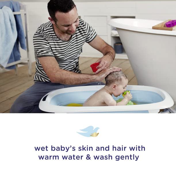 Dove Baby Tear Free Shampoo bottle detail emphasizes tear-free formula for delicate eyes.