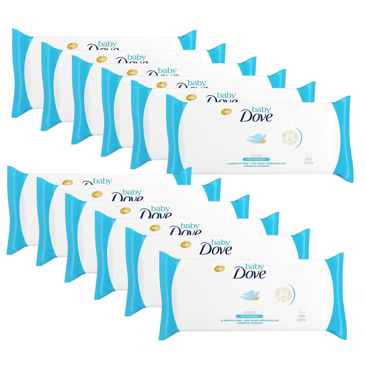 Dove Baby Wipes Rich Moisture pack of 12, 50 wipes, gentle newborn skin cleansing.
